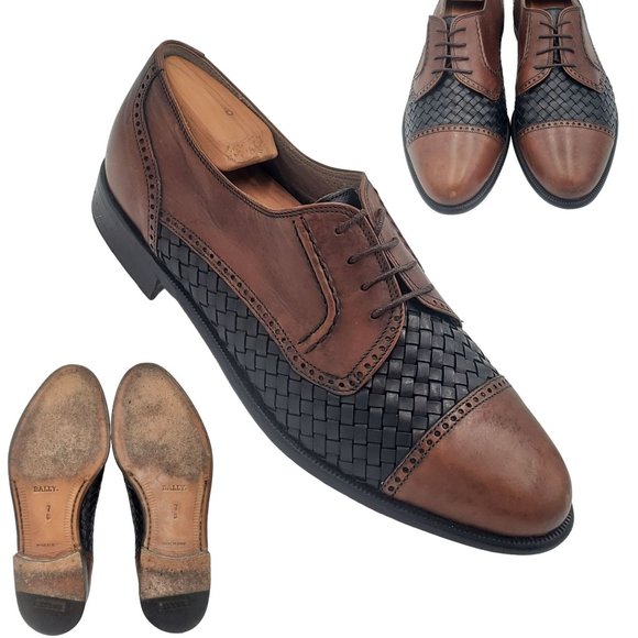 Vintage Bally "Elvino" Mens 7 Italy Black Brown Woven Leather Dress Shoe Oxfords